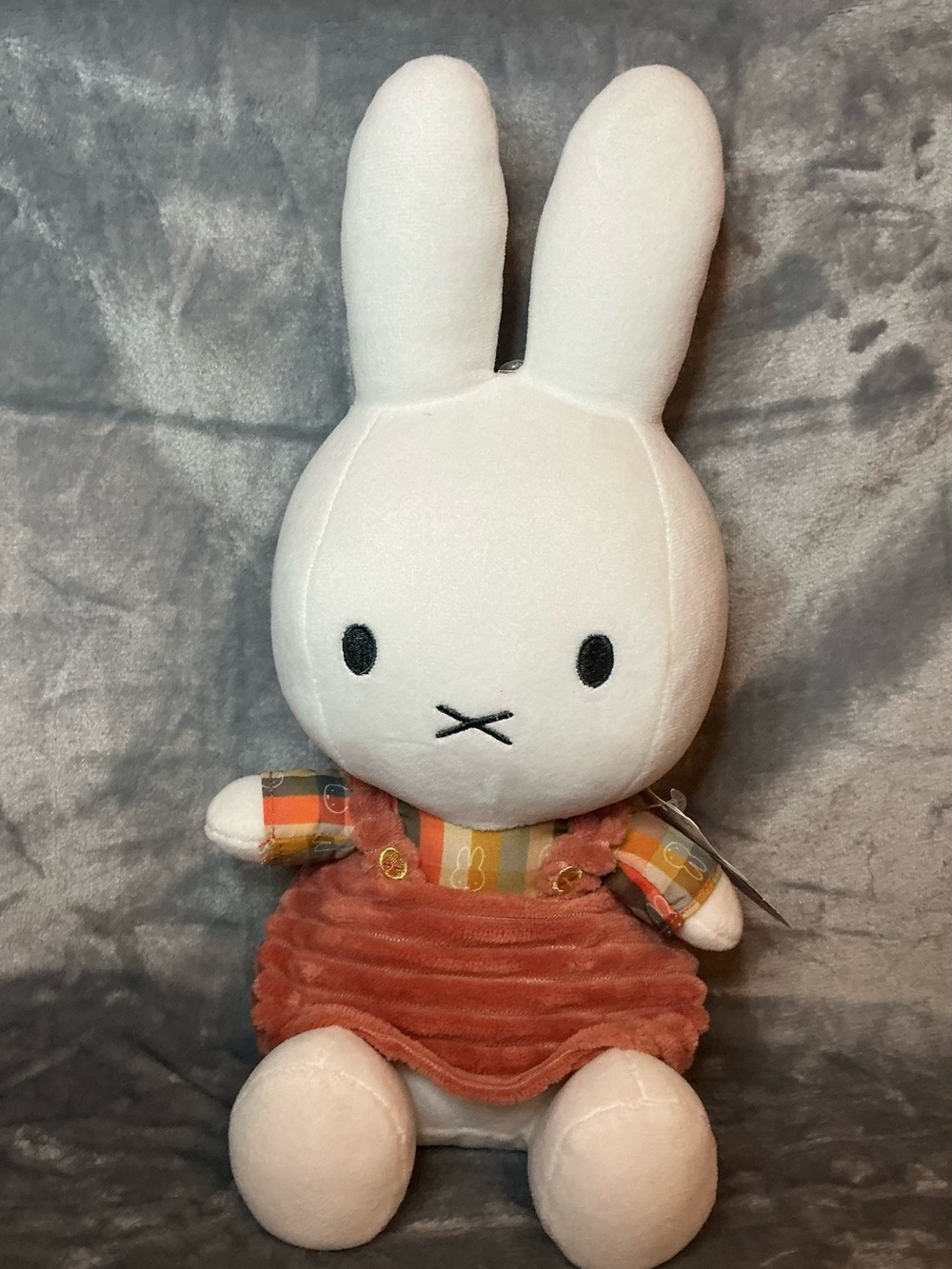 miffy White Plush Bunny with Rust Corduroy Skirt and Patterned Top Fall Outfit